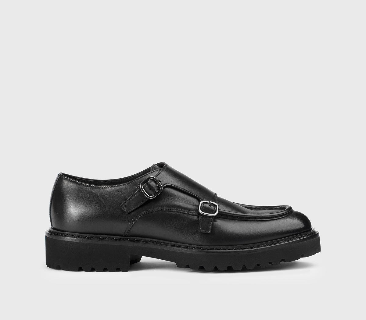 BLACK LEATHER DOUBLE BUCKLE SHOE