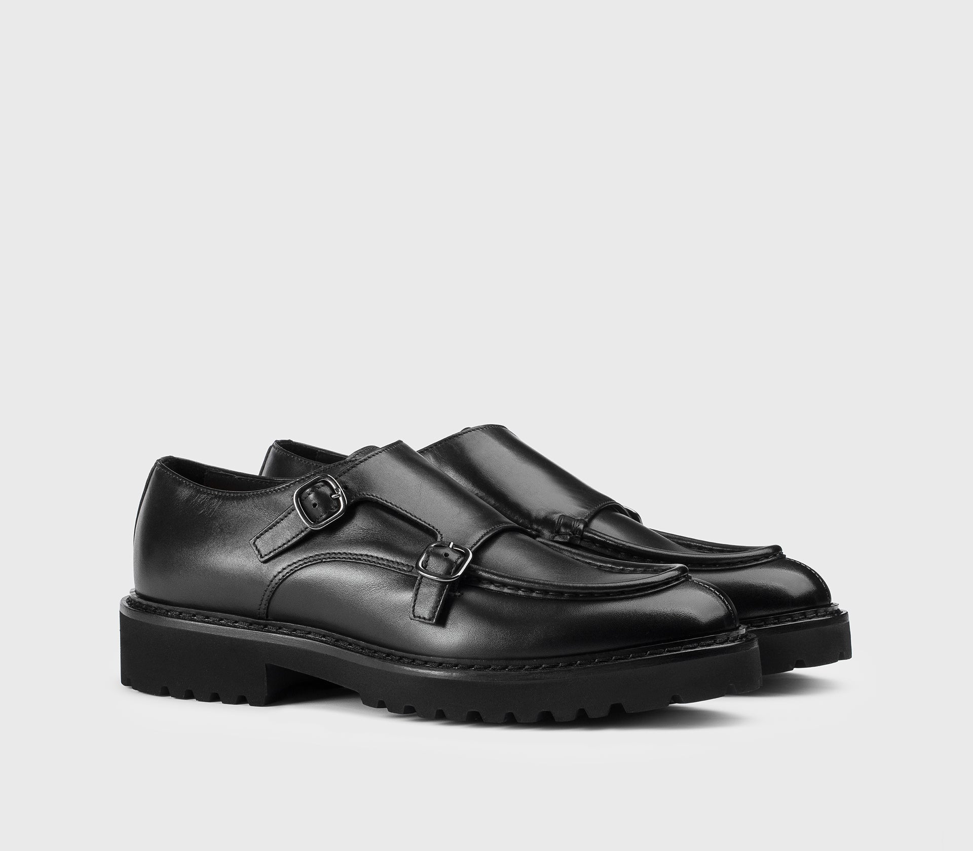 BLACK LEATHER DOUBLE BUCKLE SHOE