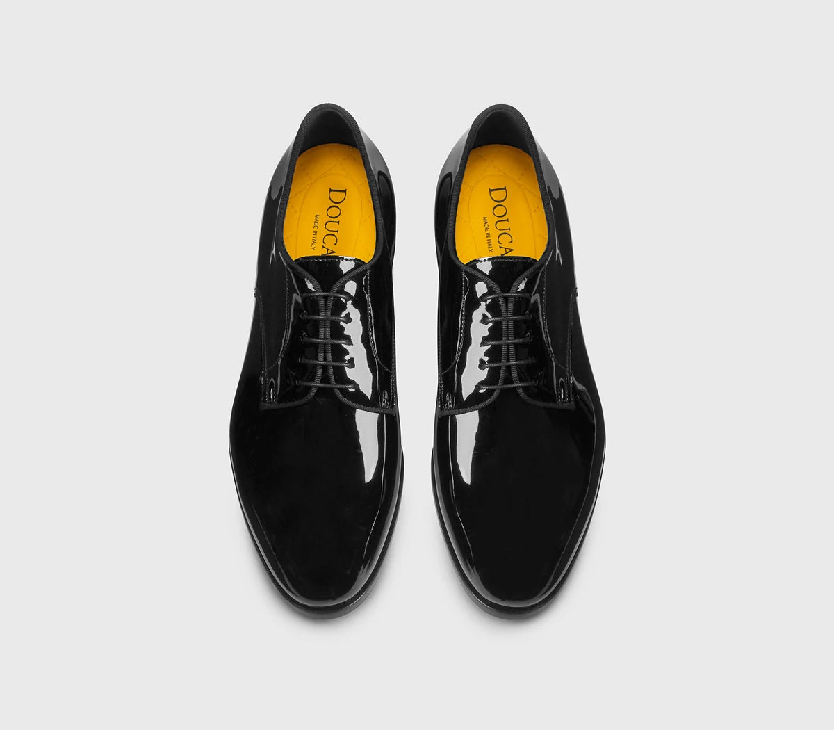 BLACK PATENT DERBY LACE-UPS