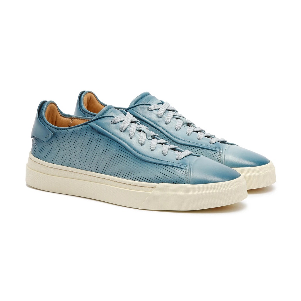 MEN'S POLISHED LIGHT BLUE LEATHER PERFORATED-EFFECT SNEAKER