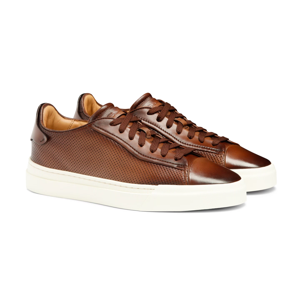 MEN'S POLISHED BROWN LEATHER PERFORATED-EFFECT SNEAKER
