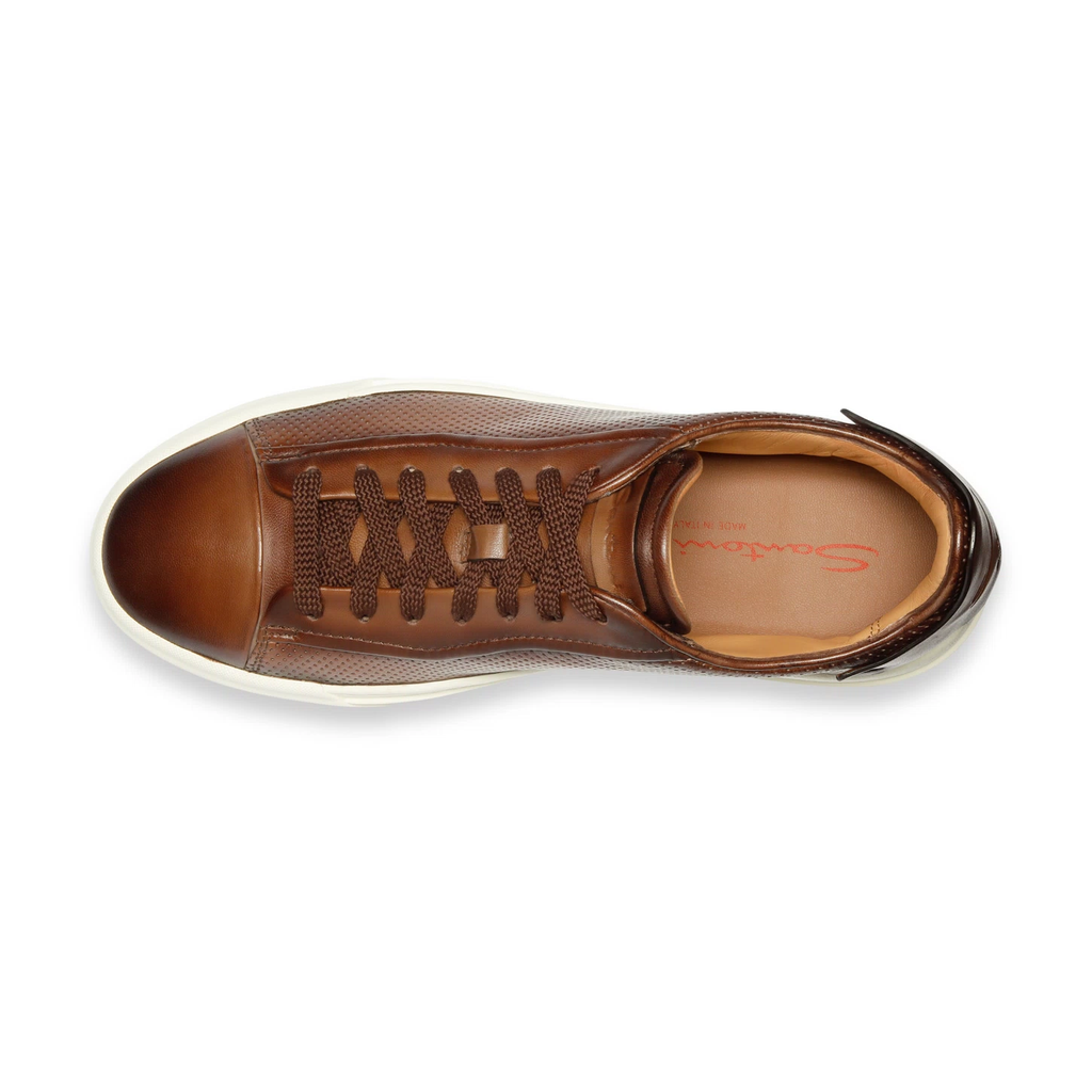 MEN'S POLISHED BROWN LEATHER PERFORATED-EFFECT SNEAKER