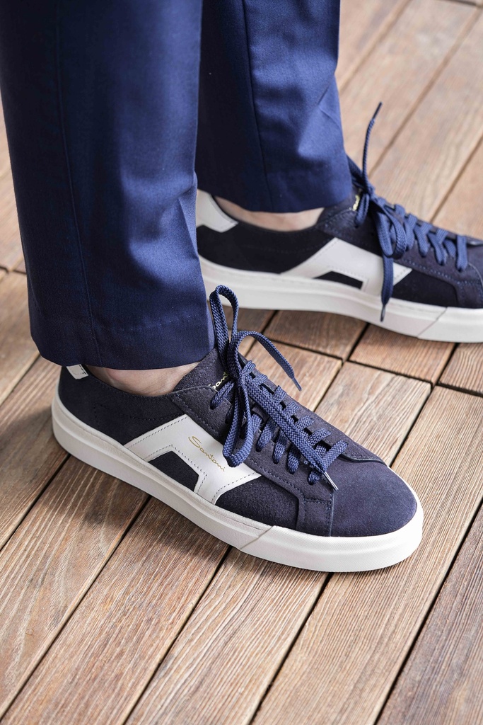 MEN’S BLUE AND WHITE SUEDE AND LEATHER DOUBLE BUCKLE SNEAKER