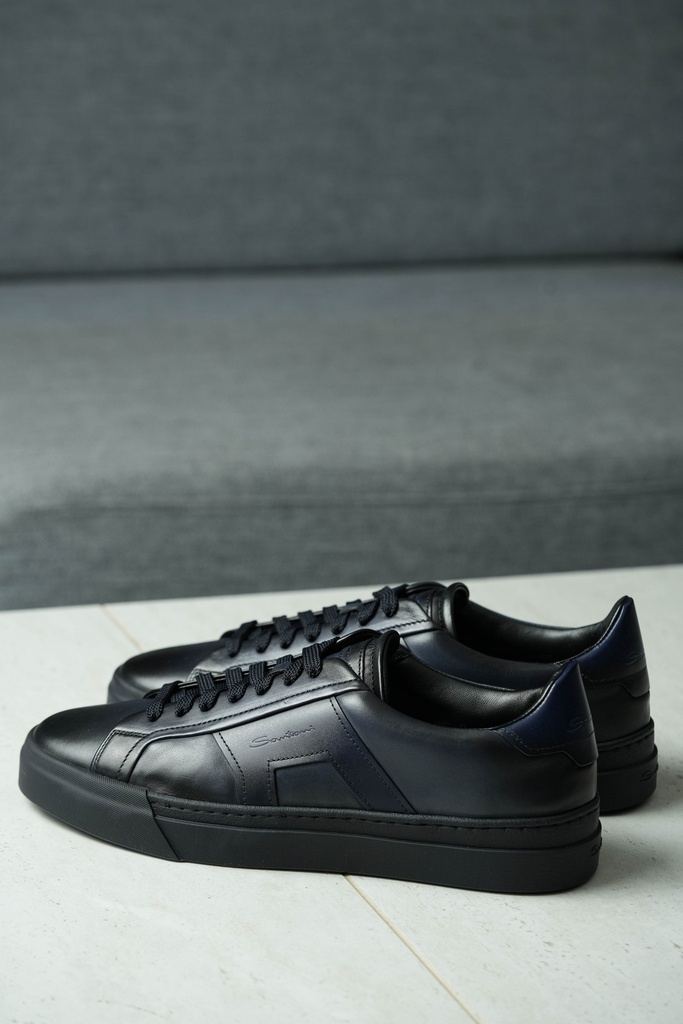 MEN’S ALL BLUE LEATHER DOUBLE BUCKLE SNEAKER