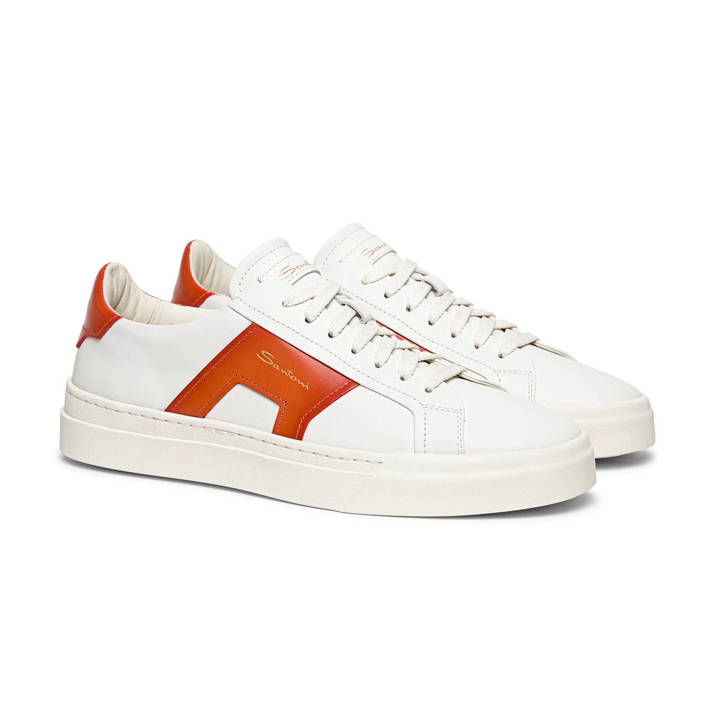 MEN’S WHITE AND ORANGE LEATHER DOUBLE BUCKLE SNEAKER